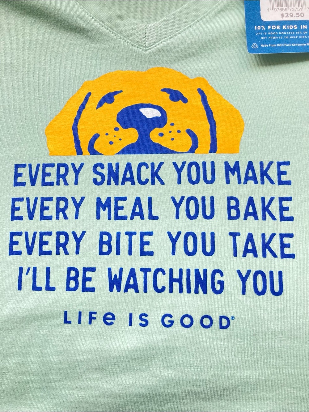 Life Is Good Mint Green V-Neck Tee with Yellow Dog Print NWT - Picture 4 of 12